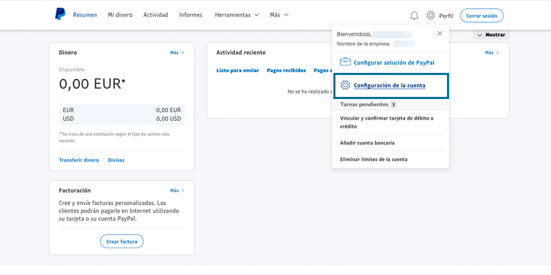 Configura tu cuenta de PayPal