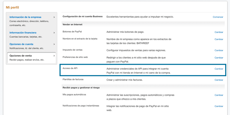 Selecciona la opción Acceso de API