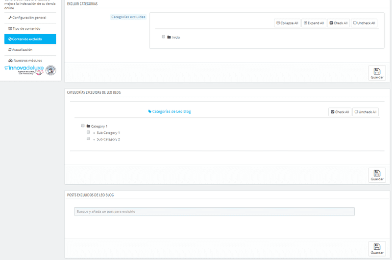 Opciones para configurar el sitemap