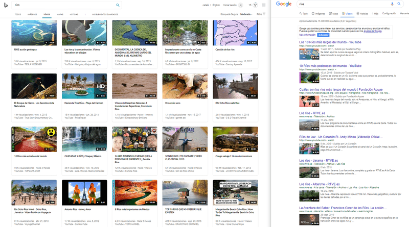 Resultados de pesquisa de vídeo do Bing e do Google